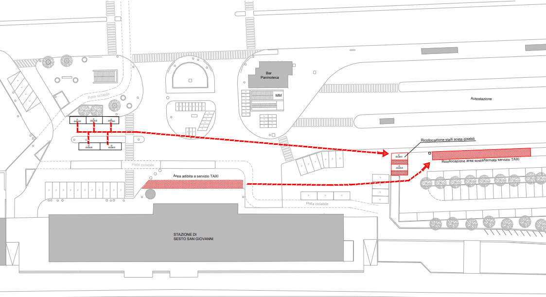 piantina stazione 1 maggio con la nuova disposizione dei taxi e parcheggi disabili